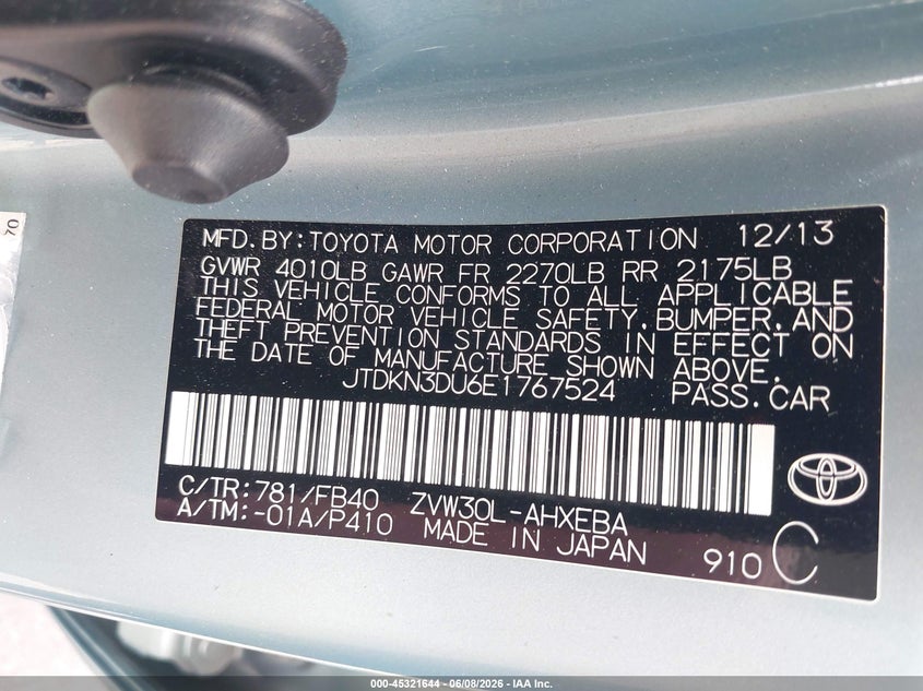 2014 Toyota Prius VIN JTDKN3DU6E1767524 IAAI salvage auction — FRONT END, Salvage Title, sold $1,150 on 2026-07-09 (photo 9)