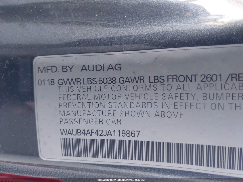 2018 Audi S4 VIN WAUB4AF42JA119867 IAAI salvage auction — FRONT END, Salvage Title, sold $9,700 on 2026-07-15 (photo 9)