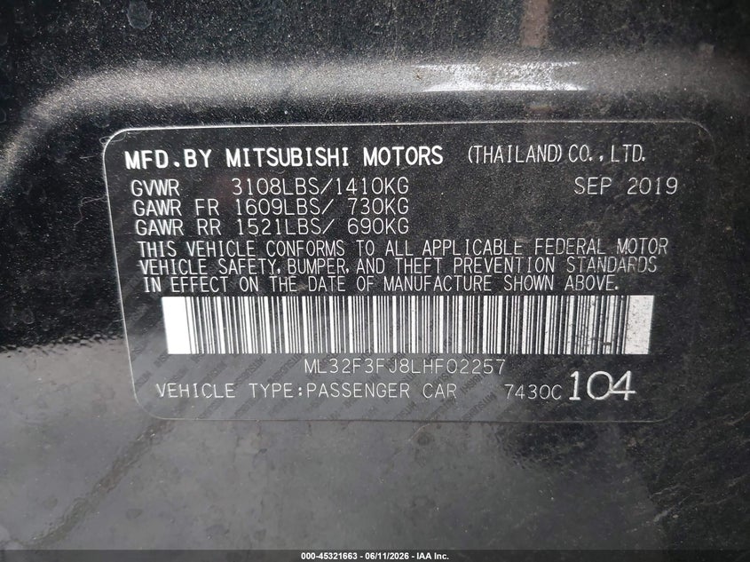 2020 Mitsubishi Mirage VIN ML32F3FJ8LHF02257 IAAI salvage auction — FRONT END, Salvage Title, sold $1,250 on 2026-07-22 (photo 9)