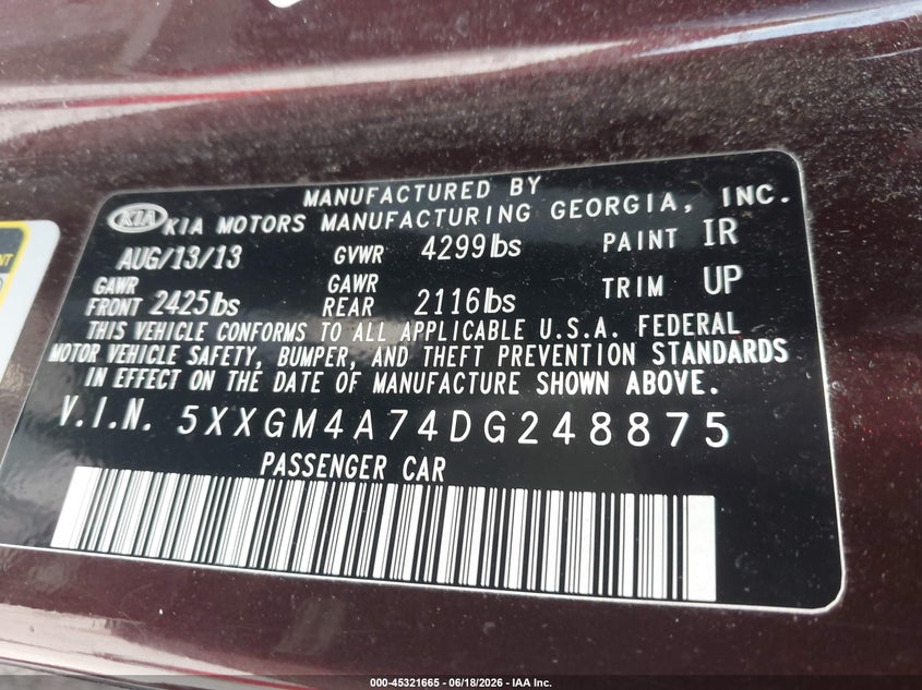 2013 Kia Optima VIN 5XXGM4A74DG248875 IAAI salvage auction — THEFT, Salvage (Ohio), sold $450 on 2026-07-14 (photo 9)