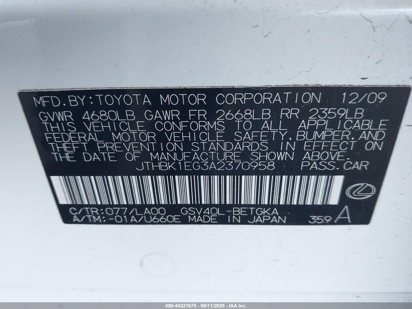 2010 Lexus ES VIN JTHBK1EG3A2370958 IAAI salvage auction — LEFT FRONT, Salvage Certificate (California), sold $925 on 2026-07-12 (photo 9)