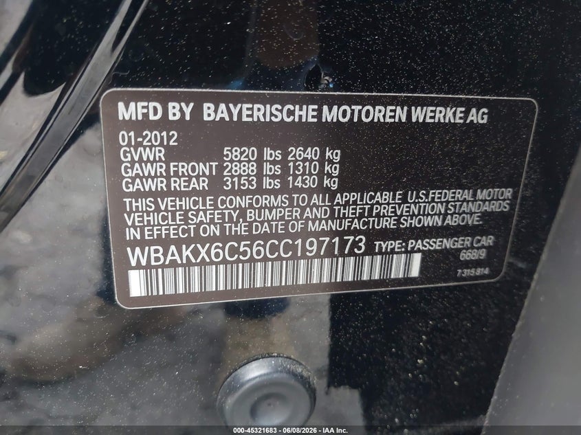 2012 BMW VIN WBAKX6C56CC197173 IAAI salvage auction — REAR END, Salvage Title, sold $1,650 on 2026-07-08 (photo 9)