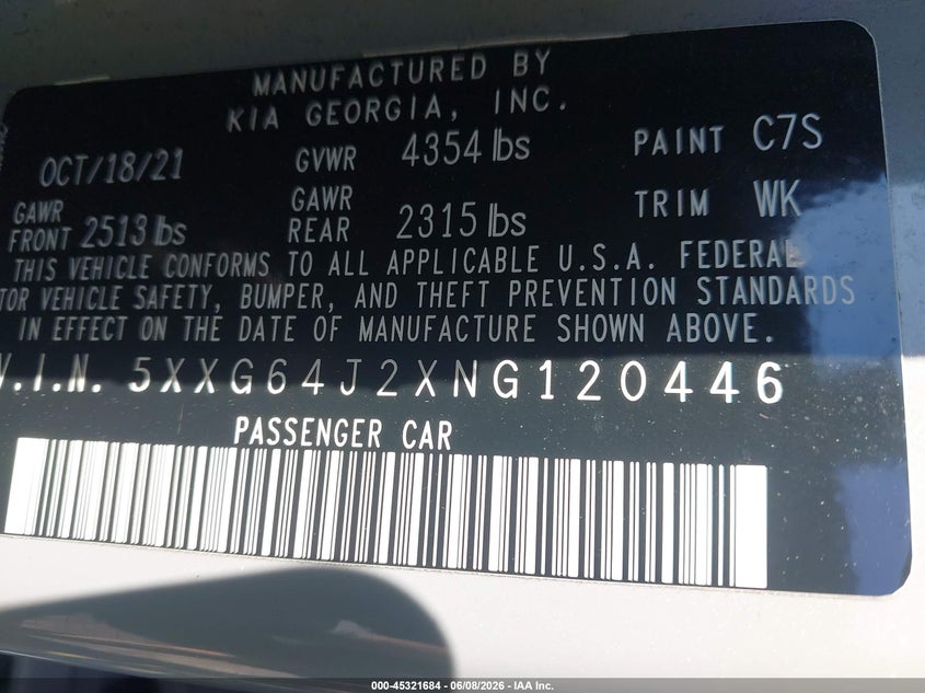 2022 Kia K5 VIN 5XXG64J2XNG120446 IAAI salvage auction — FRONT END, Salvage Title, sold $5,175 on 2026-07-14 (photo 9)
