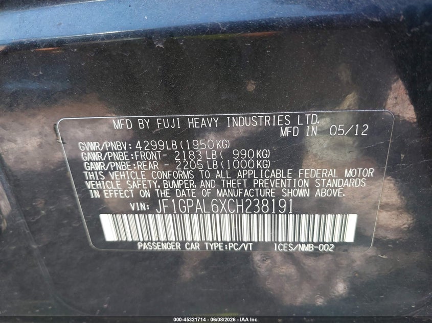 2012 Subaru Impreza VIN JF1GPAL6XCH238191 IAAI salvage auction — RIGHT FRONT, Salvage Title, sold $225 on 2026-07-08 (photo 9)