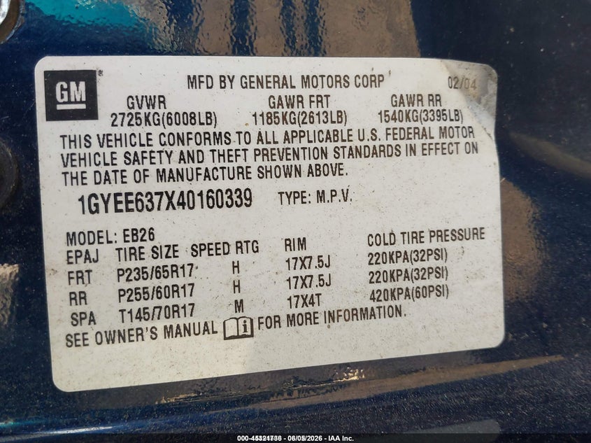 2004 Cadillac Srx VIN 1GYEE637X40160339 IAAI salvage auction — FRONT & REAR, Salvage (Idaho), sold $350 on 2026-07-08 (photo 9)