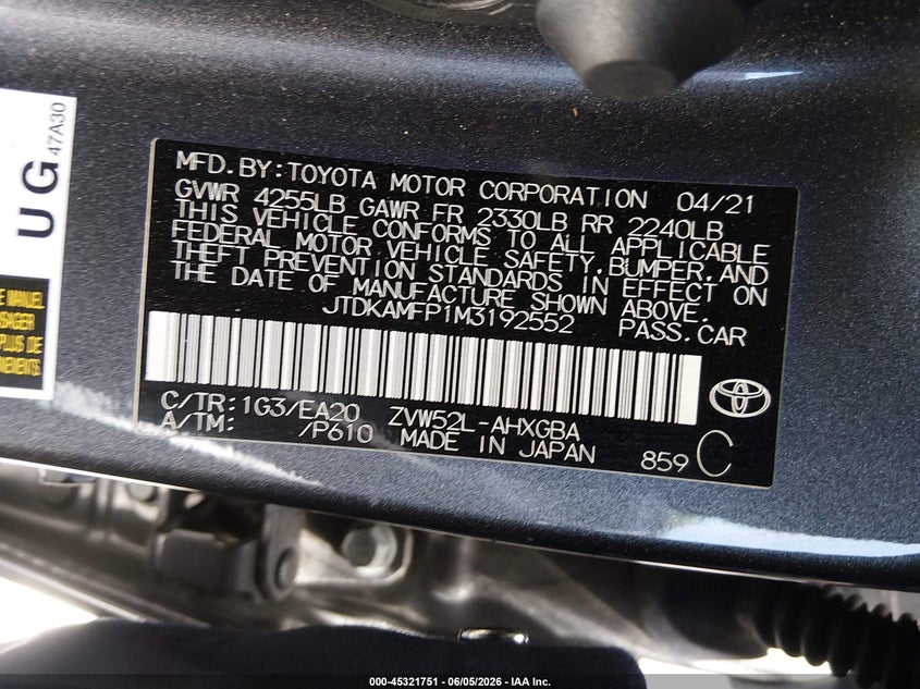 2021 Toyota Prius VIN JTDKAMFP1M3192552 IAAI salvage auction — RIGHT SIDE, Salvage Title, sold $6,600 on 2026-07-29 (photo 9)
