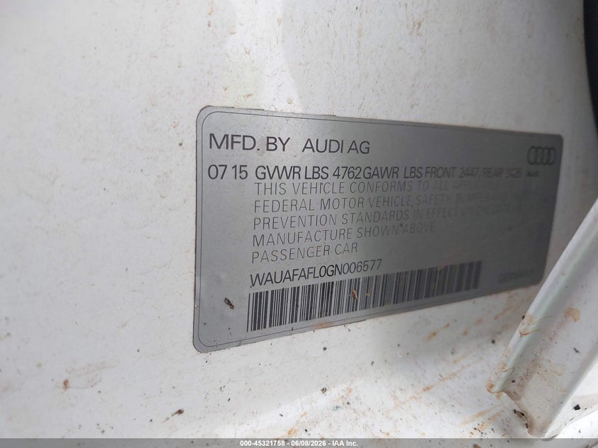 2016 Audi A4 VIN WAUAFAFL0GN006577 IAAI salvage auction — NORMAL WEAR, Clear (Alabama), sold $325 on 2026-07-15 (photo 9)