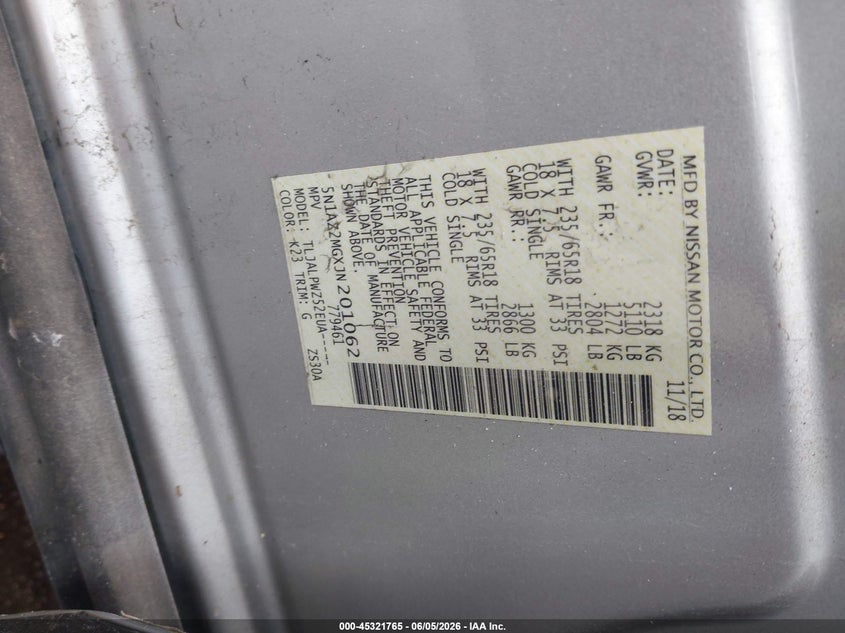 2018 Nissan Murano VIN 5N1AZ2MGXJN201062 IAAI salvage auction — THEFT, Salvage Title, sold $7,600 on 2026-07-08 (photo 9)