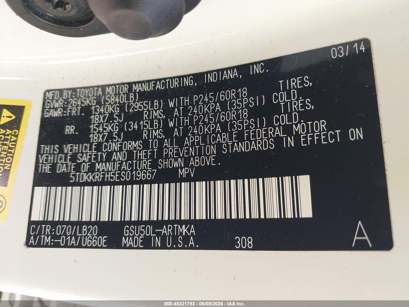 2014 Toyota Highlander VIN 5TDKKRFH5ES019667 IAAI salvage auction — FRONT END, Salvage Title, sold $2,550 on 2026-07-30 (photo 9)