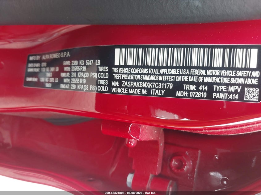 2019 Alfa romeo Stelvio VIN ZASPAKBNXK7C31179 IAAI salvage auction — FRONT END, Clear (Arizona), sold $6,250 on 2026-07-22 (photo 9)