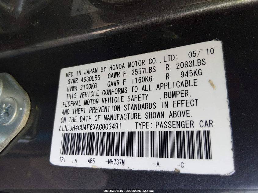 2010 Acura Tsx VIN JH4CU4F6XAC003491 IAAI salvage auction — FRONT END, Salvage (North Carolina), sold $675 on 2026-07-13 (photo 9)