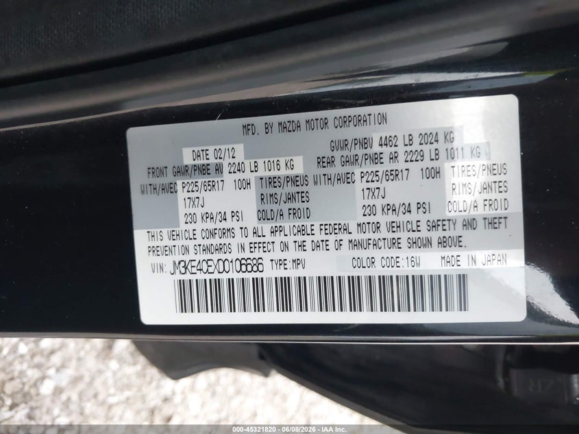 2013 Mazda Cx-5 VIN JM3KE4CEXD0106686 IAAI salvage auction — HAIL, Salvage Title, sold $2,200 on 2026-07-06 (photo 9)