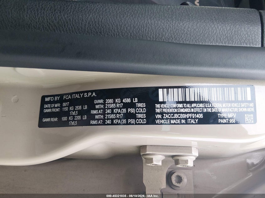 2017 Jeep Renegade VIN ZACCJBCB9HPF91406 IAAI salvage auction — FRONT END, Salvage (South Carolina), sold $1,525 on 2026-07-08 (photo 9)