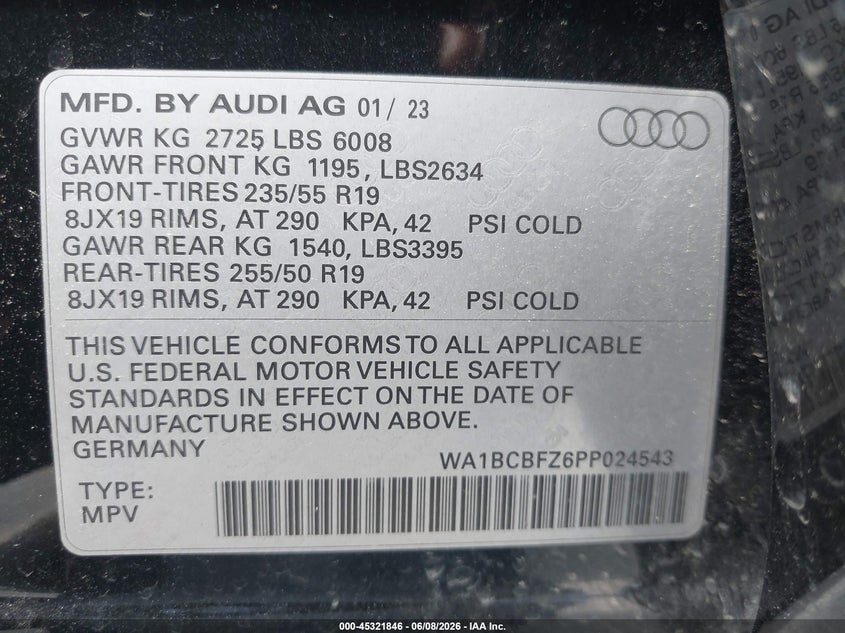 2023 Audi Q4 e-tron VIN WA1BCBFZ6PP024543 IAAI salvage auction — REAR END, Salvage Title, sold $13,975 on 2026-07-24 (photo 9)
