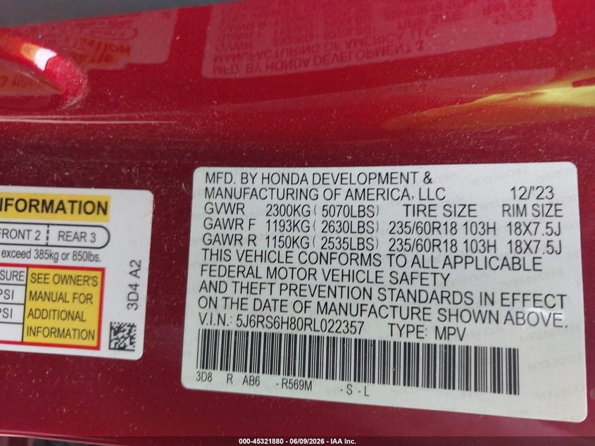 2024 Honda Cr-v VIN 5J6RS6H80RL022357 IAAI salvage auction — FRONT END, Salvage Title, sold $12,900 on 2026-07-09 (photo 9)
