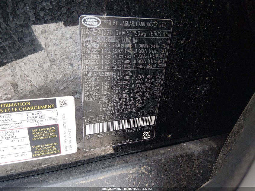 2020 Land rover Discovery VIN SALRU2RV2L2436422 IAAI salvage auction — NORMAL WEAR, Clear (Tennessee), sold $6,125 on 2026-07-08 (photo 9)