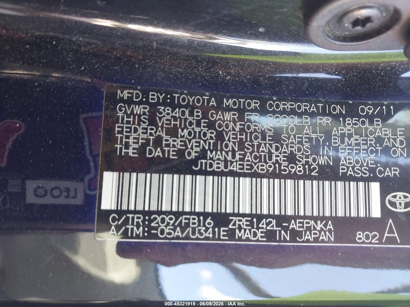 2011 Toyota Corolla VIN JTDBU4EEXB9159812 IAAI salvage auction — FRONT END, Salvage (Texas), sold $900 on 2026-07-14 (photo 9)