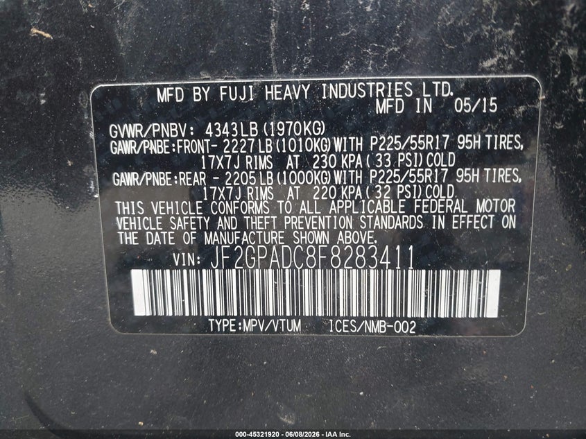 2015 Subaru Xv VIN JF2GPADC8F8283411 IAAI salvage auction — NORMAL WEAR, Rebuilt/Restored (Utah), sold $450 on 2026-07-23 (photo 9)