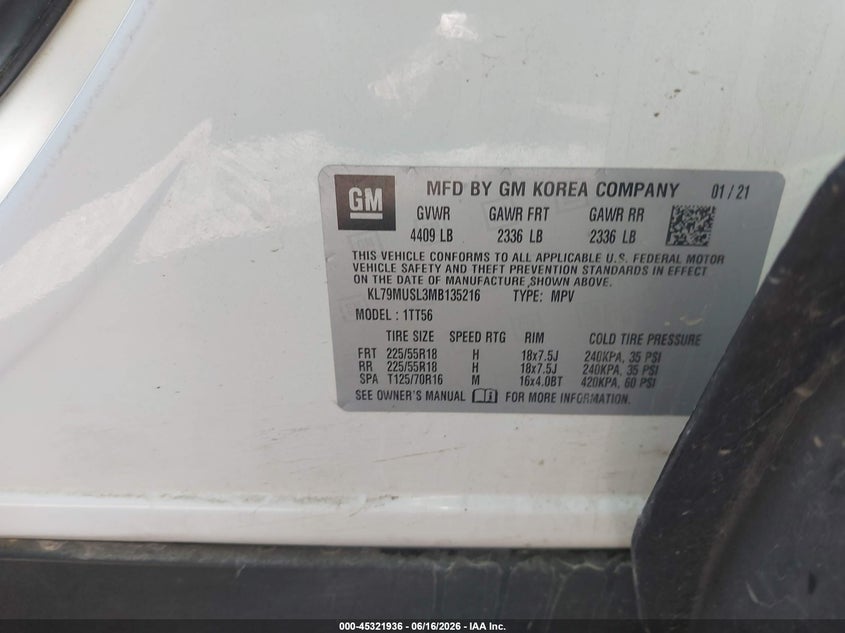 2021 Chevrolet Trailblazer VIN KL79MUSL3MB135216 IAAI salvage auction — LEFT FRONT, Salvage Title, sold $2,750 on 2026-07-28 (photo 9)