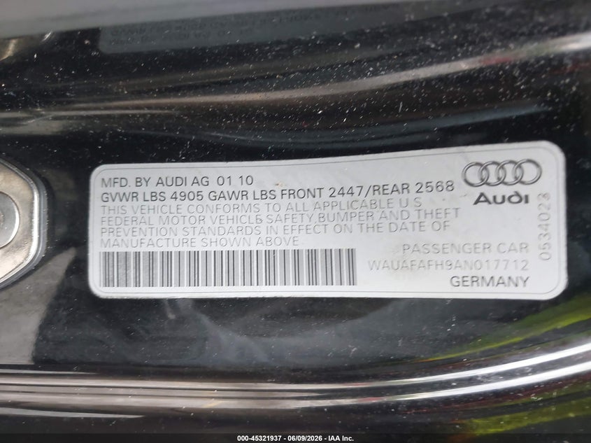 2010 Audi A5 VIN WAUAFAFH9AN017712 IAAI salvage auction — FRONT END, Rebuildable (Florida), sold $1,750 on 2026-07-13 (photo 9)