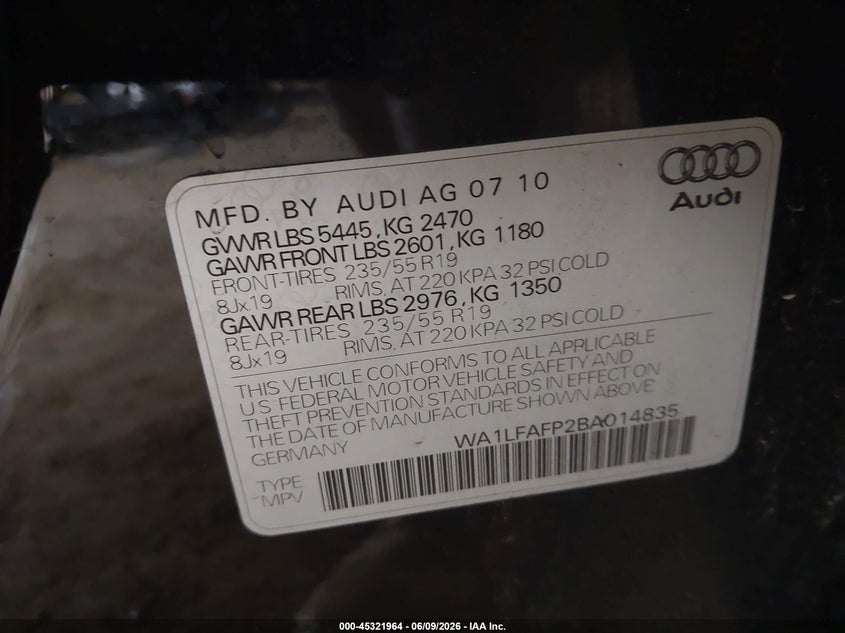 2011 Audi Q5 VIN WA1LFAFP2BA014835 IAAI salvage auction — FRONT END, Clear (Michigan), sold $775 on 2026-07-20 (photo 9)