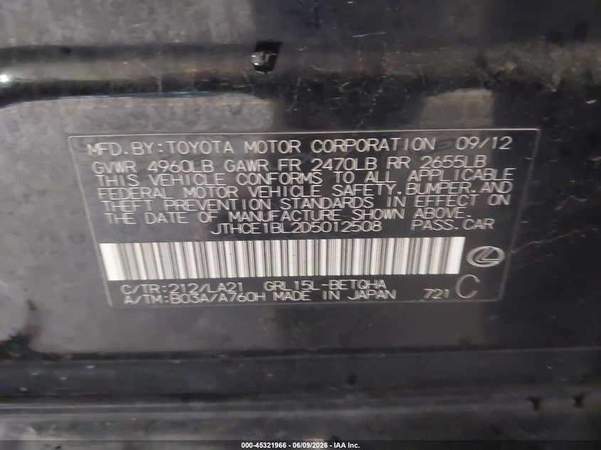 2013 Lexus Gs VIN JTHCE1BL2D5012508 IAAI salvage auction — UNKNOWN, Salvage Title, sold $1,600 on 2026-07-07 (photo 9)