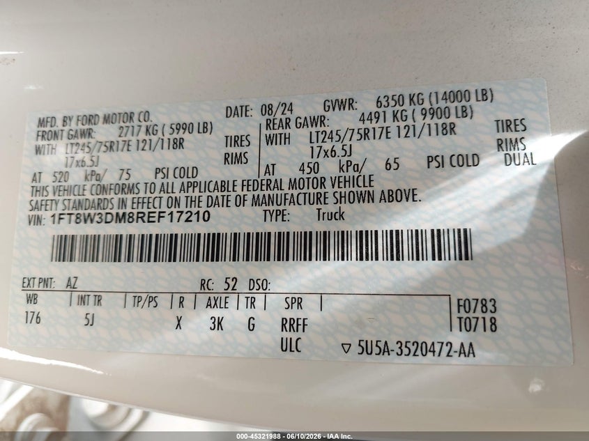 2024 Ford F350 VIN 1FT8W3DM8REF17210 IAAI salvage auction — FRESH WATER, Wait Title, sold $33,500 on 2026-09-14 (photo 9)