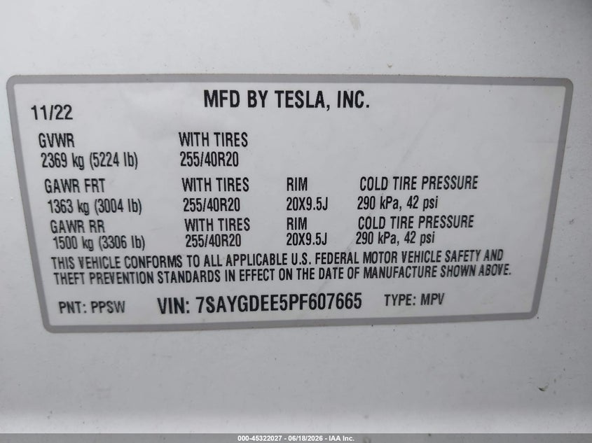 2023 Tesla Model y VIN 7SAYGDEE5PF607665 IAAI salvage auction — LEFT REAR, Salvage (Florida), sold $12,900 on 2026-07-08 (photo 9)
