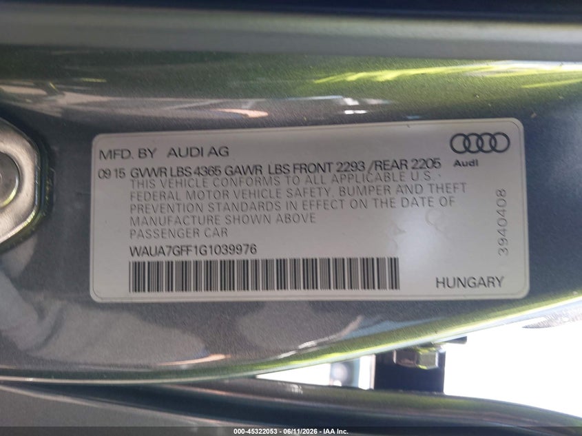 2016 Audi A3 VIN WAUA7GFF1G1039976 IAAI salvage auction — RIGHT FRONT, Salvage Title, sold $25 on 2026-07-24 (photo 9)