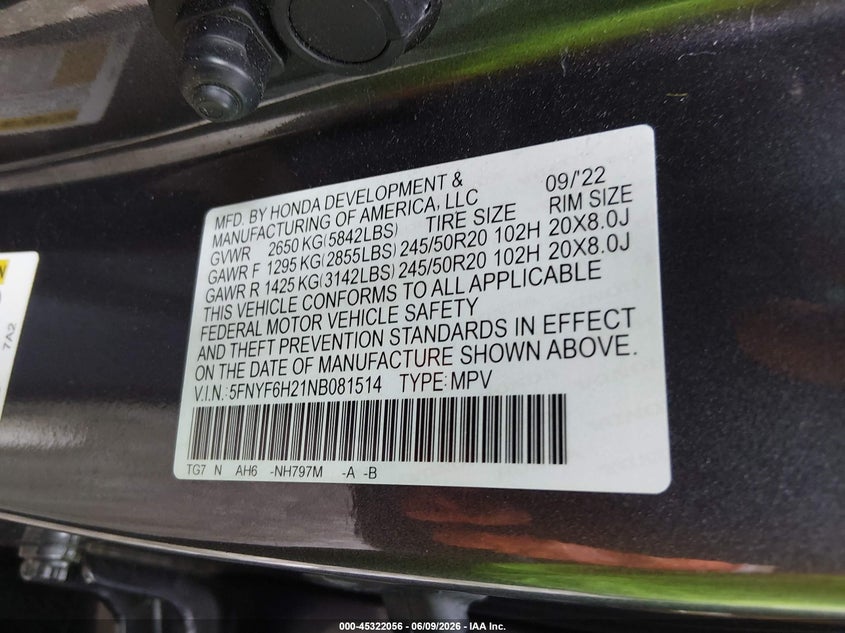 2022 Honda Pilot VIN 5FNYF6H21NB081514 IAAI salvage auction — REAR END, Salvage Title, sold $11,500 on 2026-07-29 (photo 9)