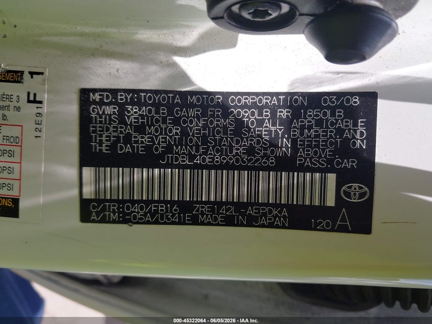 2009 Toyota Corolla VIN JTDBL40E899032268 IAAI salvage auction — NORMAL WEAR, Clear - Dealer Only (California), sold $1,550 on 2026-07-15 (photo 9)