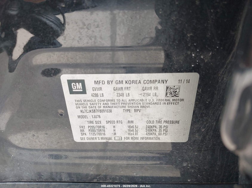 2015 Chevrolet Trax VIN KL7CJKSB7FB091038 IAAI salvage auction — LEFT & RIGHT, Salvage Title, sold $350 on 2026-07-14 (photo 9)