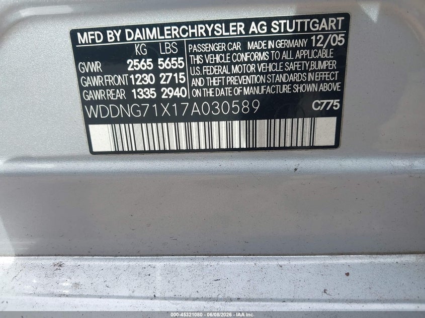 2007 Mercedes-benz S-klasse VIN WDDNG71X17A030589 IAAI salvage auction — REAR END, Salvage (Georgia), sold $950 on 2026-07-31 (photo 9)