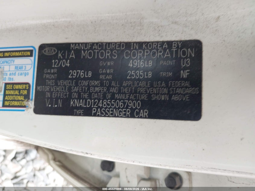 2005 Kia Amanti VIN KNALD124855067900 IAAI salvage auction — REAR END, Salvage (Georgia), sold $425 on 2026-07-06 (photo 9)