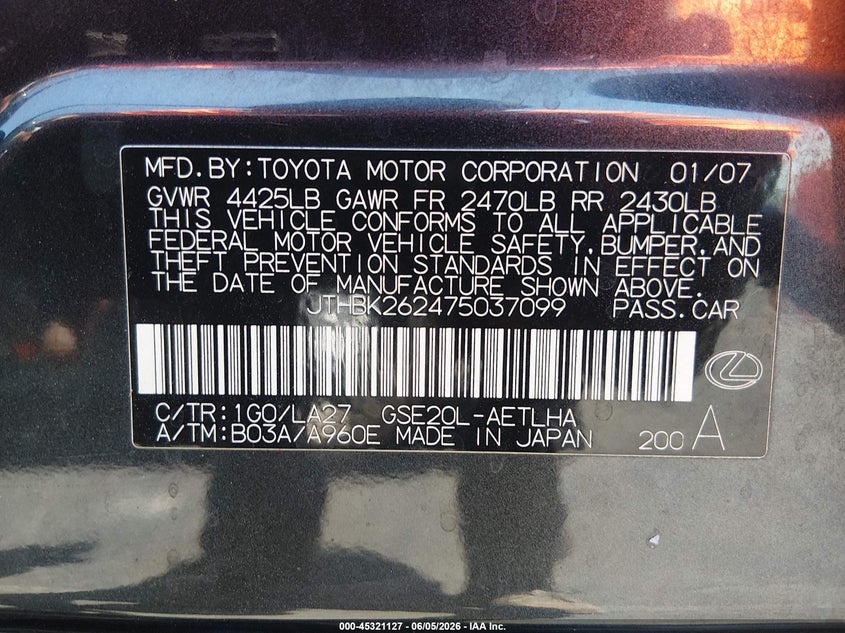 2007 Lexus Is 250 VIN JTHBK262475037099 IAAI salvage auction — NORMAL WEAR, Salvage (California), sold $100 on 2026-07-24 (photo 9)