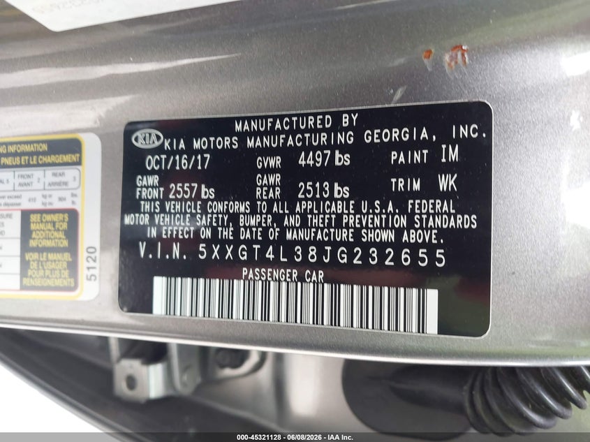 2018 Kia Optima VIN 5XXGT4L38JG232655 IAAI salvage auction — REAR END, Salvage Title, sold $2,150 on 2026-07-10 (photo 9)