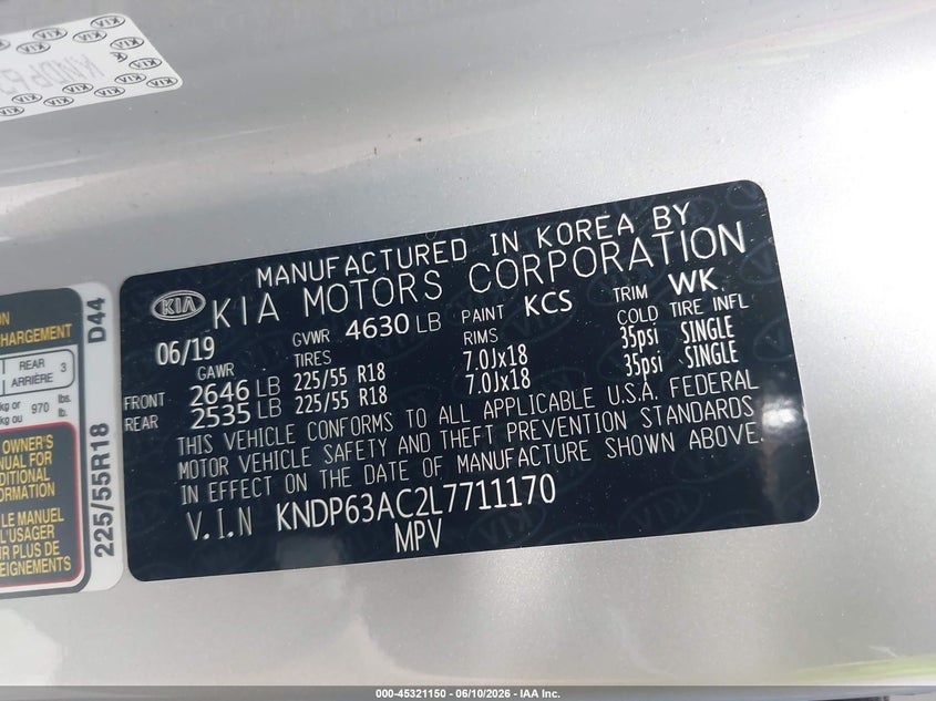 2020 Kia Sportage VIN KNDP63AC2L7711170 IAAI salvage auction — REAR END, Salvage (Ohio), sold $4,500 on 2026-07-07 (photo 9)