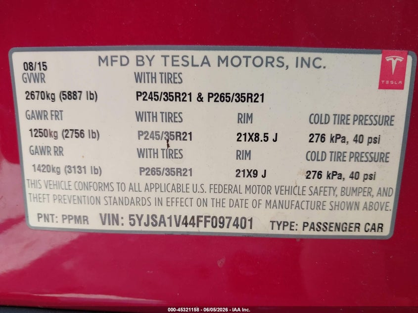 2015 Tesla Model s VIN 5YJSA1V44FF097401 IAAI salvage auction — FRONT END, Salvage Title, sold $4,700 on 2026-07-20 (photo 9)