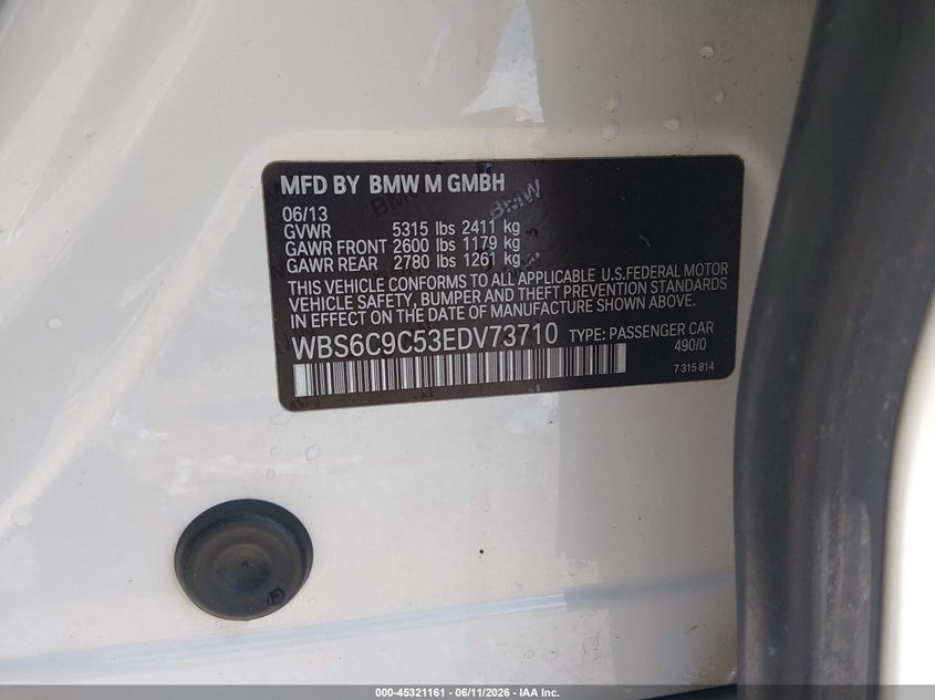 2014 BMW M6 VIN WBS6C9C53EDV73710 IAAI salvage auction — FRONT END, Salvage (Mississippi), sold $7,000 on 2026-07-28 (photo 9)