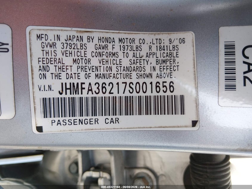 2007 Honda Civic hybrid VIN JHMFA36217S001656 IAAI salvage auction — RIGHT SIDE, Rebuildable (Florida), sold $375 on 2026-07-09 (photo 9)