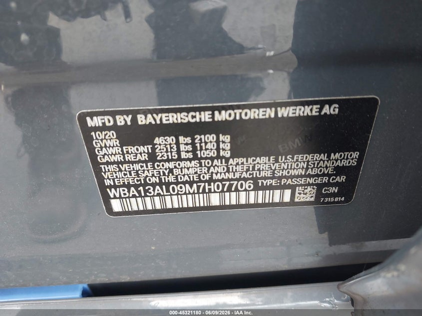 2021 BMW 2er VIN WBA13AL09M7H07706 IAAI salvage auction — SIDE, Salvage (North Carolina), sold $9,050 on 2026-08-17 (photo 9)