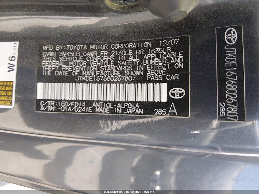 2008 Scion Tc VIN JTKDE167680267807 IAAI salvage auction — UNKNOWN, Salvage (Idaho), sold $150 on 2026-08-22 (photo 9)