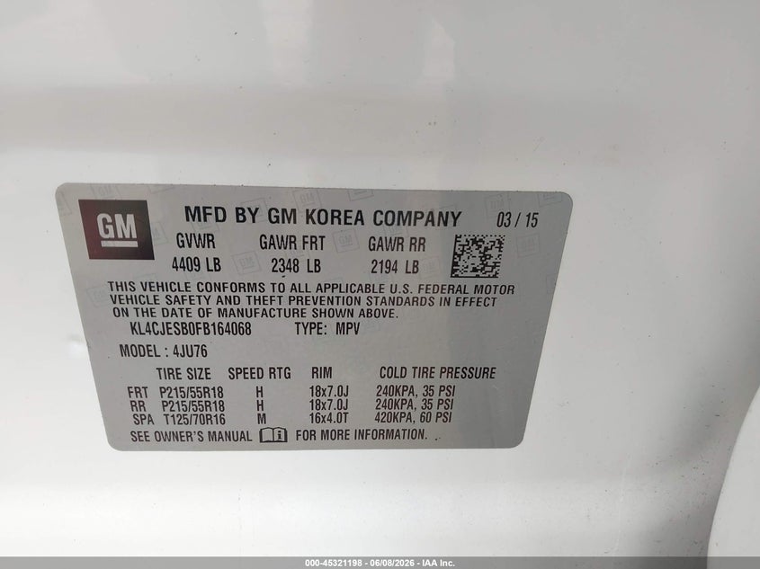 2015 Buick Encore VIN KL4CJESB0FB164068 IAAI salvage auction — SIDE, Salvage Title, sold $550 on 2026-07-21 (photo 9)
