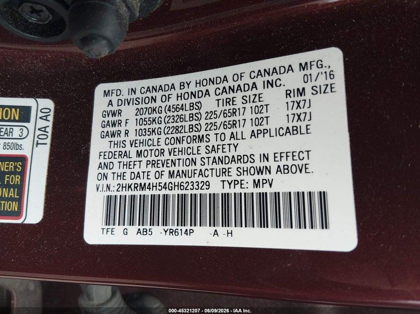 2016 Honda Cr-v VIN 2HKRM4H54GH623329 IAAI salvage auction — LEFT FRONT, Salvage Title, sold $4,850 on 2026-07-18 (photo 9)