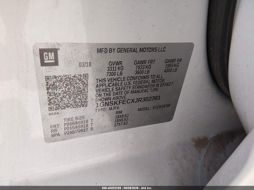 2018 Chevrolet Tahoe VIN 1GNSKFECXJR302361 IAAI salvage auction — NORMAL WEAR, Sf97 (Arizona), sold $10,700 on 2026-07-28 (photo 9)