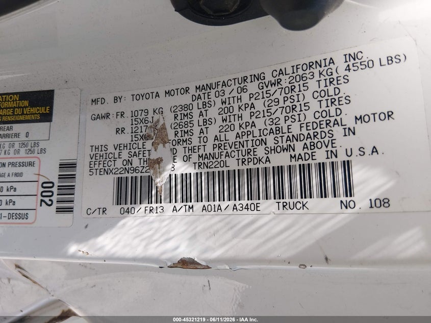 2006 Toyota Tacoma VIN 5TENX22N96Z248018 IAAI salvage auction — LEFT SIDE, Salvage (South Carolina), sold $1,675 on 2026-07-07 (photo 9)
