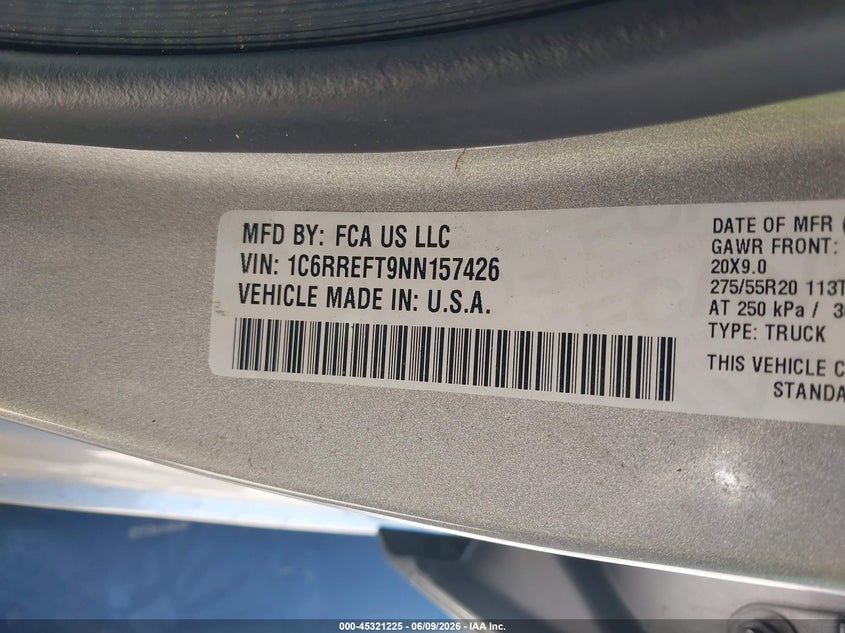 2022 Ram 1500 VIN 1C6RREFT9NN157426 IAAI salvage auction — FRONT END, Salvage Title, sold $3,450 on 2026-07-10 (photo 9)