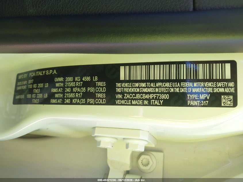 2017 Jeep Renegade VIN ZACCJBCB4HPF73900 IAAI salvage auction — RIGHT SIDE, Certificate Of Title (Nebraska), sold $2,575 on 2026-07-16 (photo 9)