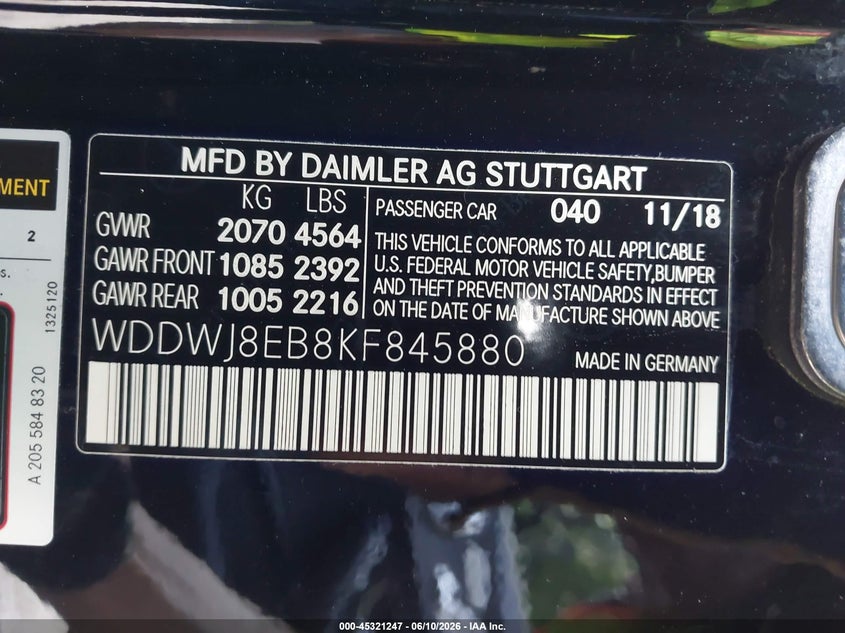 2019 Mercedes-benz C-klasse VIN WDDWJ8EB8KF845880 IAAI salvage auction — FRONT END, Salvage Title, sold $4,800 on 2026-08-14 (photo 9)