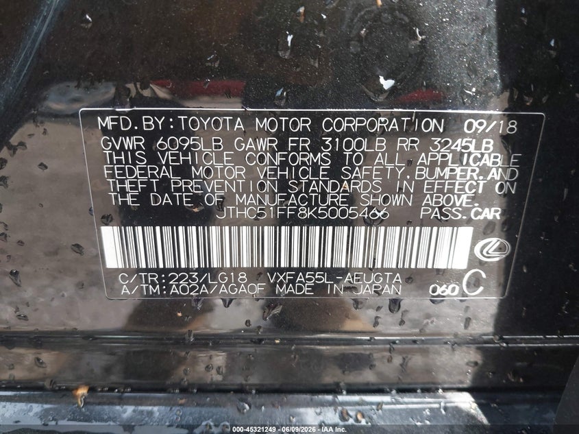 2019 Lexus Ls VIN JTHC51FF8K5005466 IAAI salvage auction — FRONT END, Salvage Title, sold $11,300 on 2026-07-22 (photo 9)